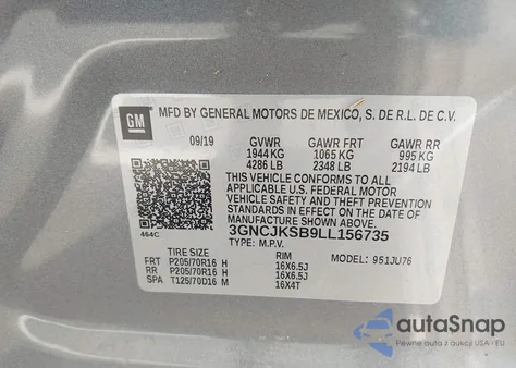 2020 Chevrolet Trax Fwd Ls z USA, uszkodzony, nr VIN 3GNCJKSB9LL156735
